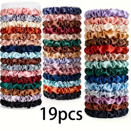 19pcs Satin Solid Color Small Intestine Ring, High Elasticity and High Quality Hair Rope, Hot Sale, The Same Hair Band Is Fluffy.