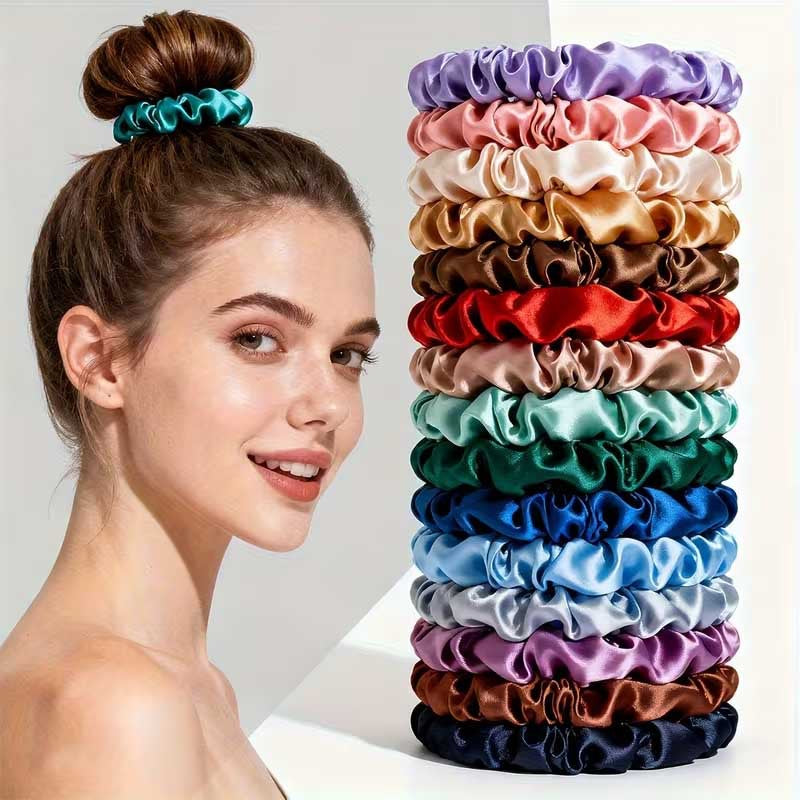 19pcs Satin Solid Color Small Intestine Ring, High Elasticity and High Quality Hair Rope, Hot Sale, The Same Hair Band Is Fluffy.